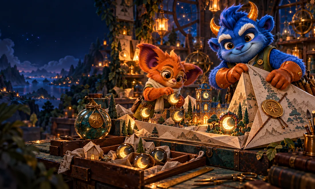 Brio closes a glowing paper town on the workshop bench while a little ember companion switches off its lamps