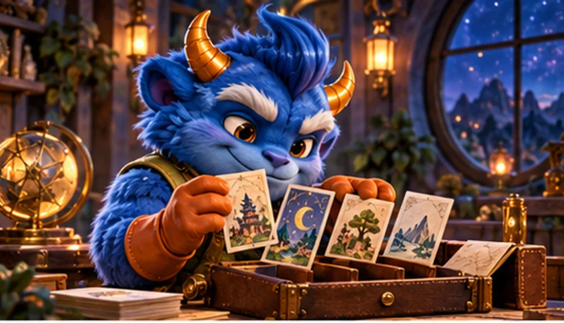 A lime paper assistant sorts four different game cards into a folded travel pocket