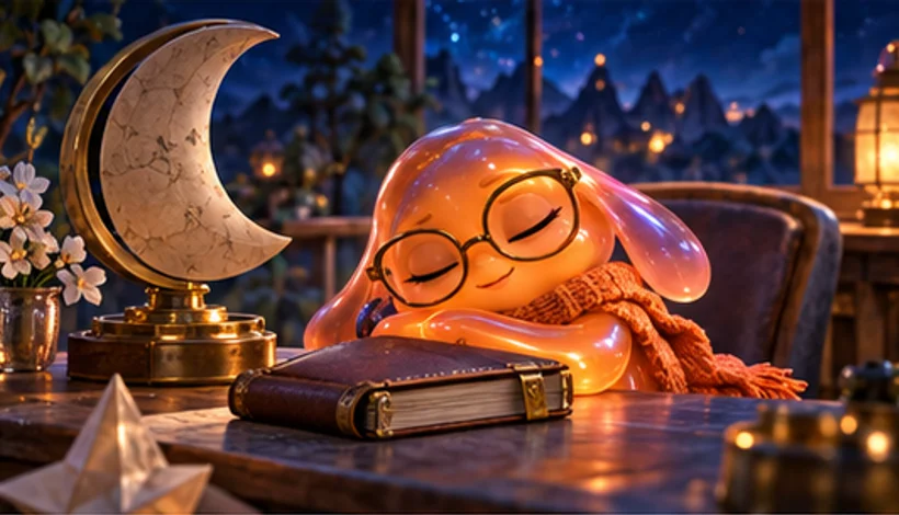 An ember creature closes a moon-shaped desk lamp and rests beside a folded garden