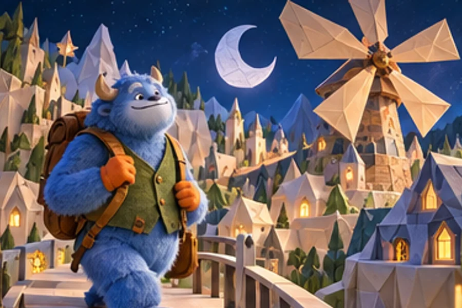 Brio explores a paper village beneath a moon and windmill
