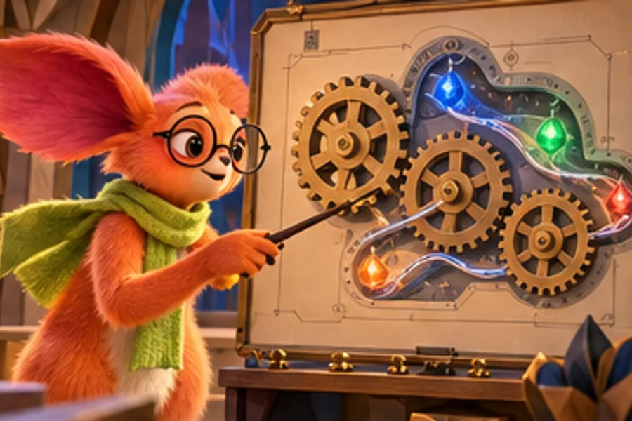 Ember studies gears and coloured paths on a workshop diagram