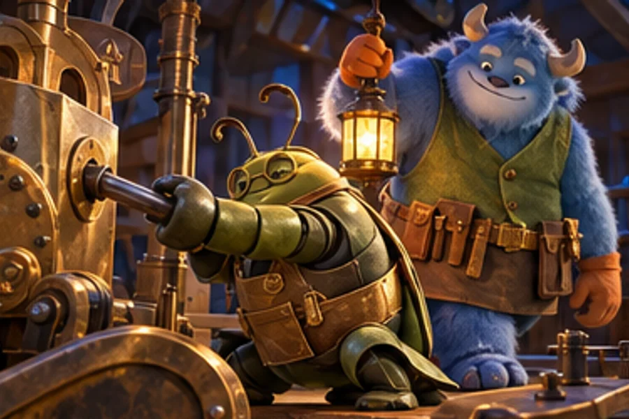 Moss repairs a stuck lever while Brio holds a lantern