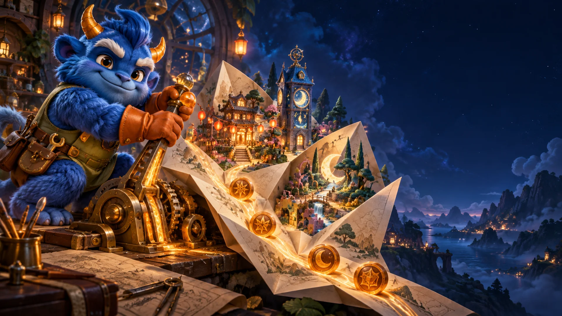 Brio pulls a brass lever to unfold a glowing paper town of playful little worlds